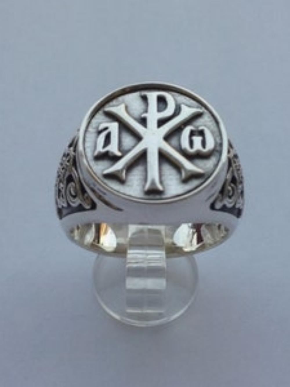Sterling Silver Chi Rho Signet Alpha Omega Ring - Silver